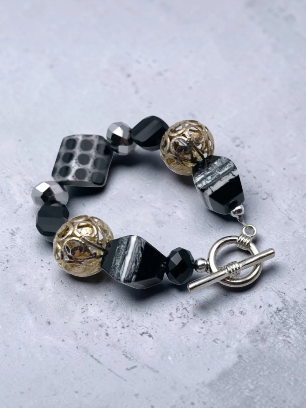 Handcrafted Black and Silver Beaded Toggle Bracelet